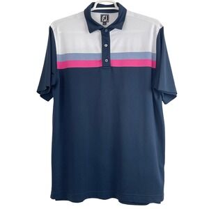 00743 Footjoy FJ Athletic Fit Golf Polo Shirt Men XL Navy White Pink Blue Stripe
